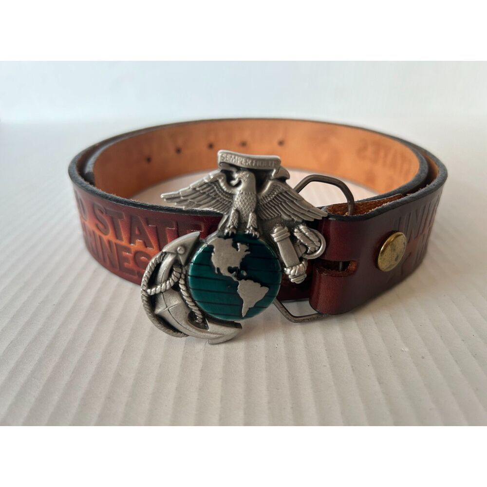Vintage US Marine Corp Tooled Leather Belt 34 Buckle 1995 90s